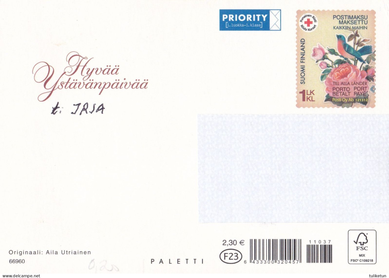 Postal Stationery - Flowers - Roses - Dove Holding Rose - Red Cross - Suomi Finland - Postage Paid - Entiers Postaux