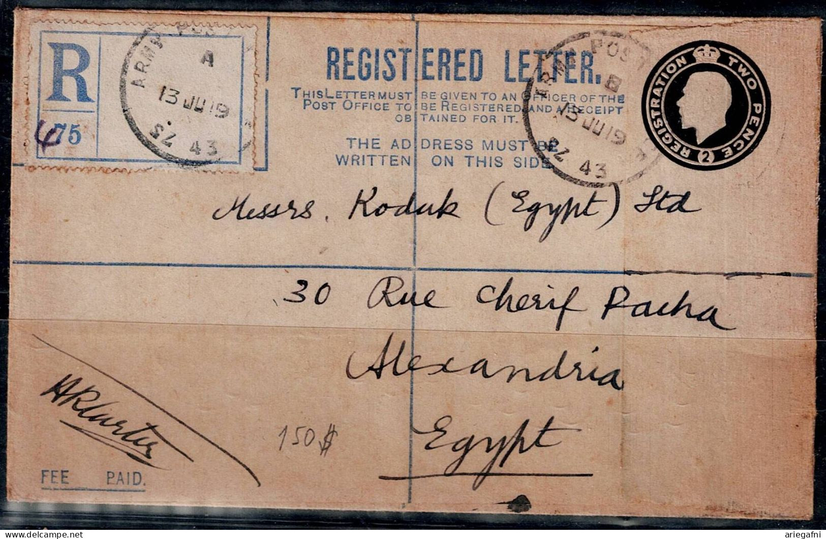 GREAT BRITAIN 1943 REGISTERED COVER FROM BRITISH ARMY SENT IN 13/6 TO ALEXANDRIA EGYPT VF!! - Lettres & Documents