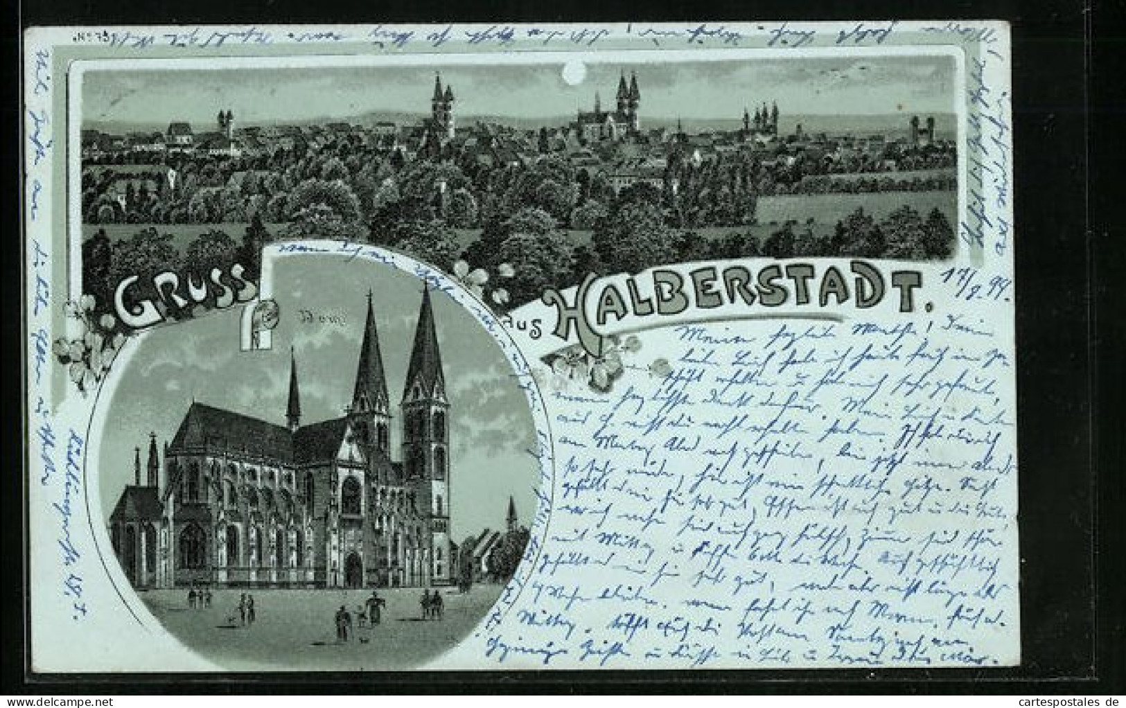 Mondschein-Lithographie Halberstadt, Ortsansicht Mit Dom  - Halberstadt