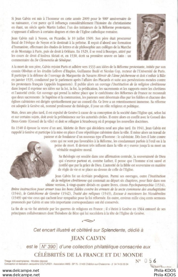 Rare (56/400) " JEAN CALVIN / PROTESTANTISME " Sur  Encart 1er Jour N°té En Soie De 2008. 2 X N° YT 4356 Voir état FDC - Theologians