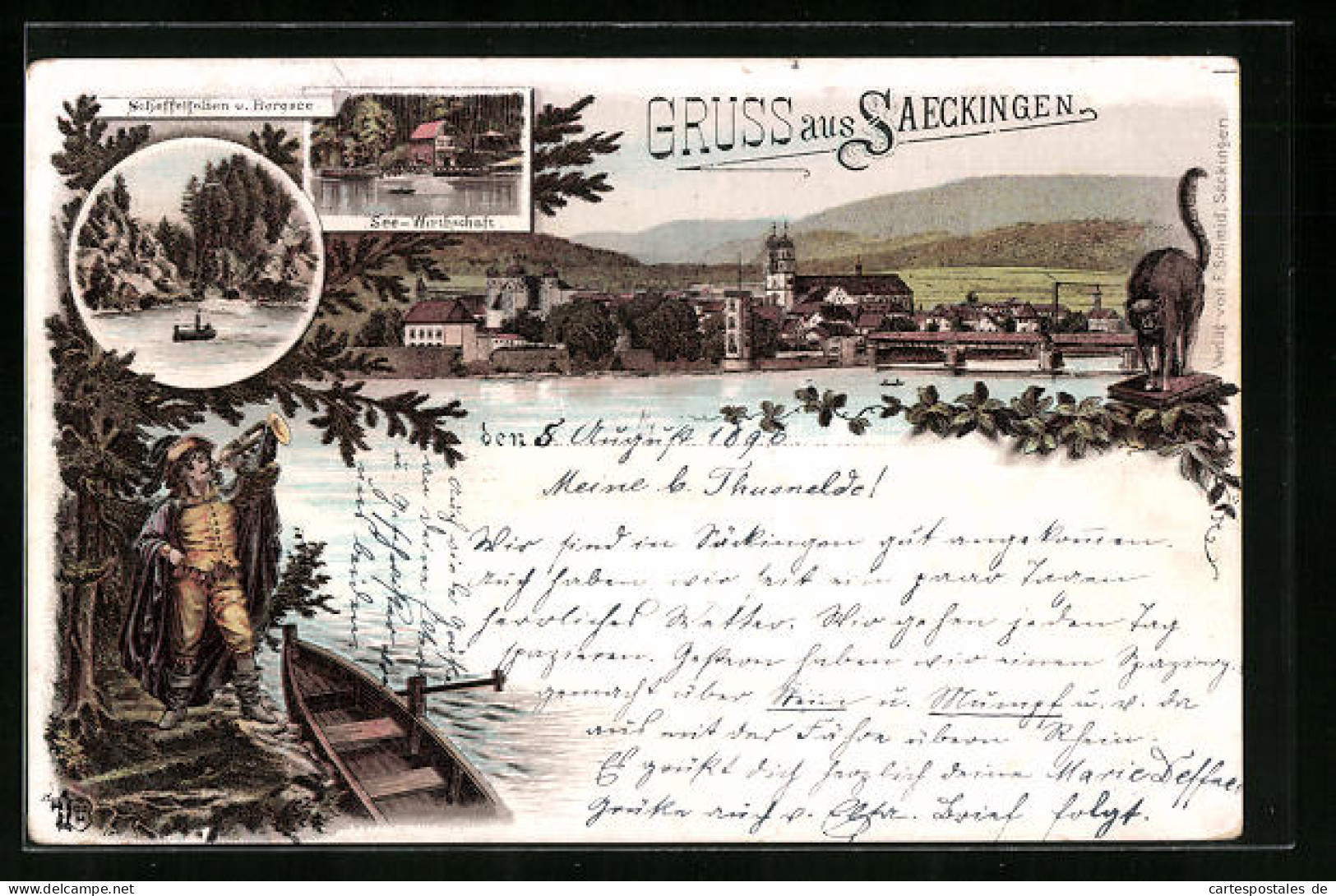 Lithographie Säckingen, Ortsansicht, See-Wirtschaft, Scheffelfelsen Und Bergsee  - Bad Säckingen