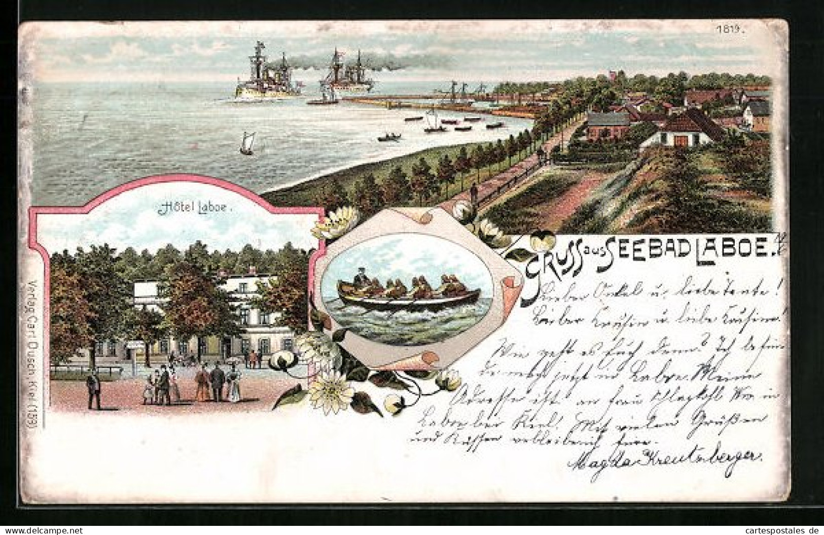 Lithographie Laboe, Hotel Laboe, Uferpartie Mit Schiffen, Boot  - Laboe