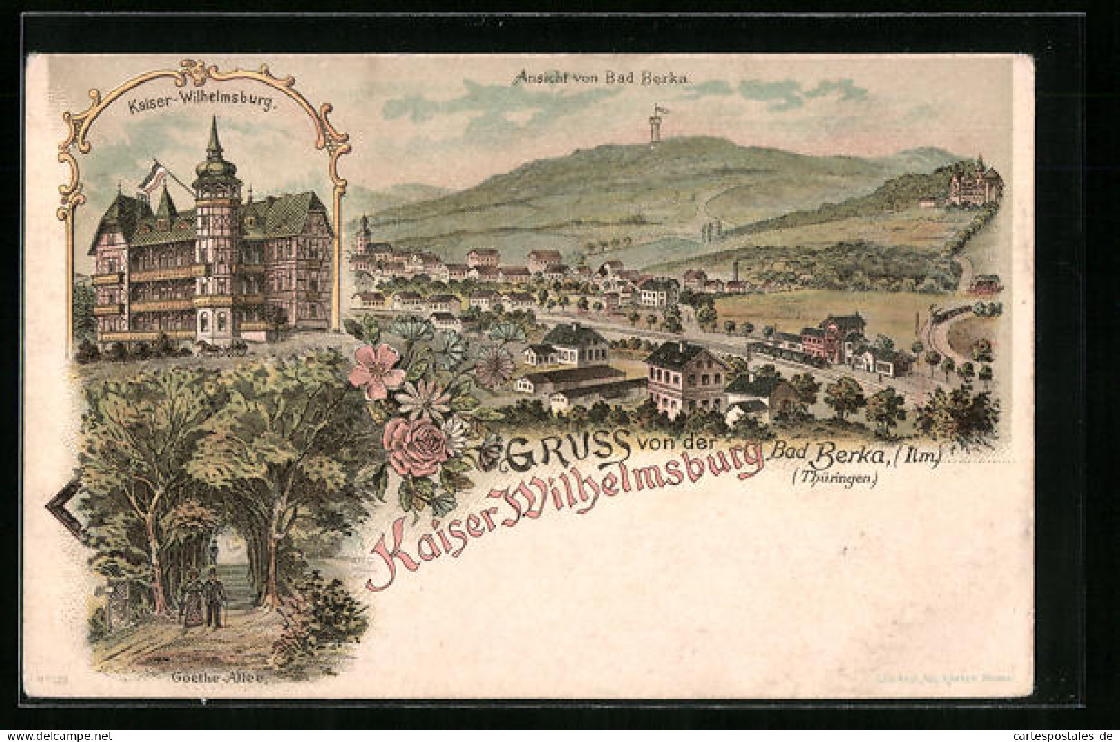 Lithographie Bad Berka I. Thür., Hotel Kaiser-Wilhelmsburg, Ortsansicht  - Bad Berka
