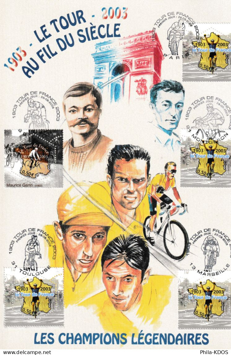 Rare (484/1000 Ex.) " CHAMPIONS LEGENDAIRES DU TDF " Sur Encart 1er Jour N°té En Soie De 2003  Ed° A.M.I.S. N°YT 3582 83 - Ciclismo