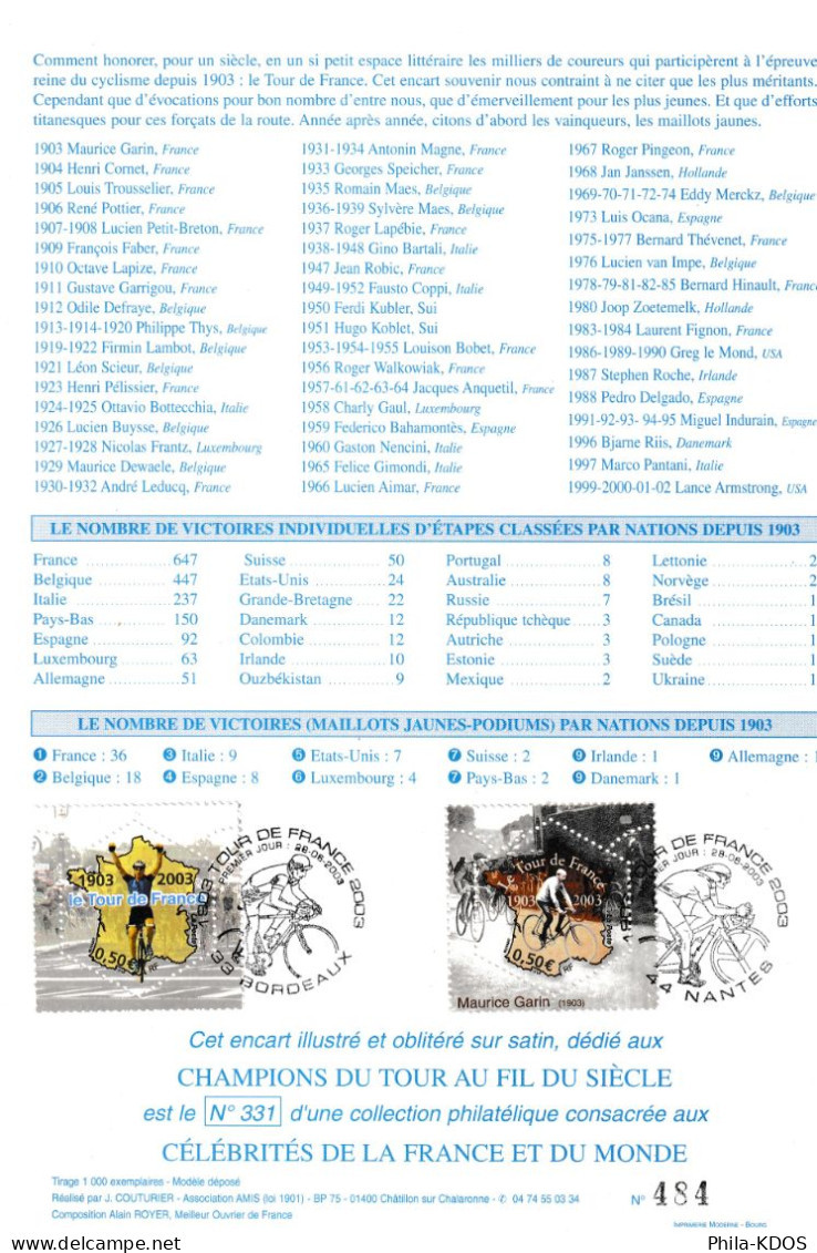 Rare (484/1000 Ex.) " CHAMPIONS LEGENDAIRES DU TDF " Sur Encart 1er Jour N°té En Soie De 2003  Ed° A.M.I.S. N°YT 3582 83 - Ciclismo