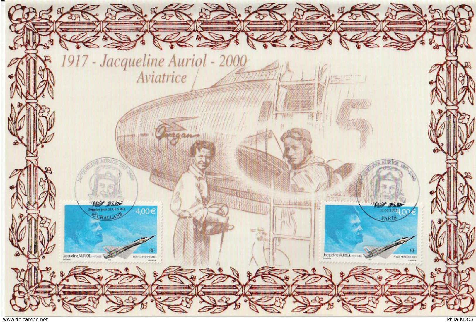 Rare (241/450 Ex) " JACQUELINE AURIOL " Sur Encart 1er Jour N°té En Soie  De 2003. 2 X N°YT PA 66 Ed° A.M.I.S. Parf état - 2000-2009