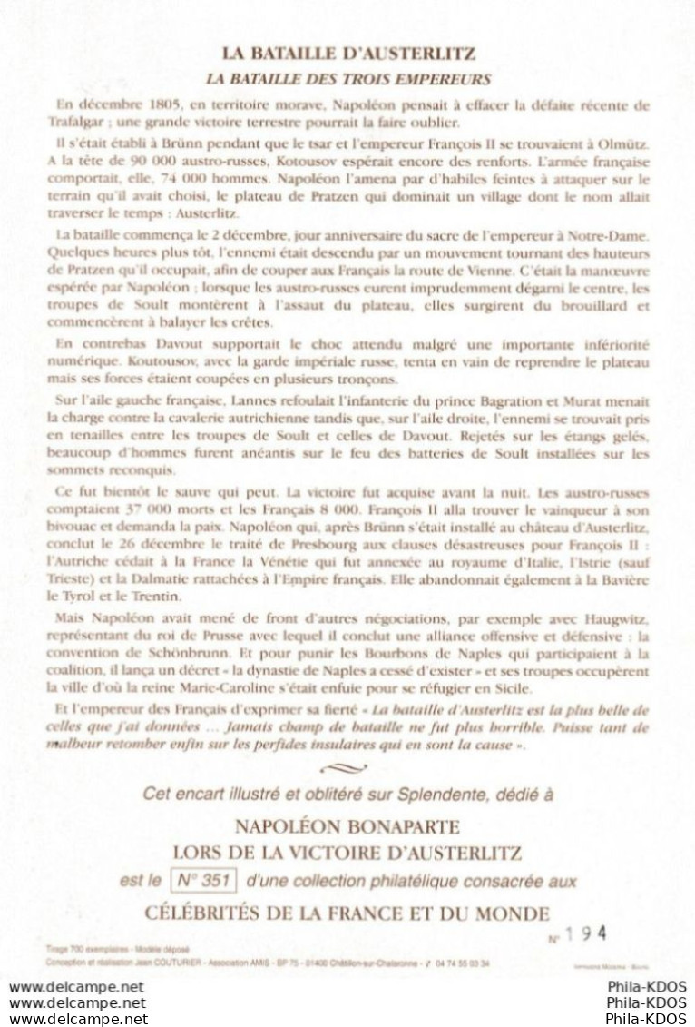 Rare (194/700) 2005 " NAPOLEON  / AUSTERLITZ " Encart 1er Jour N°té Sur Soie Edit° A.M.I.S. N° YT 3782 + FDC à Saisir !! - Napoleone