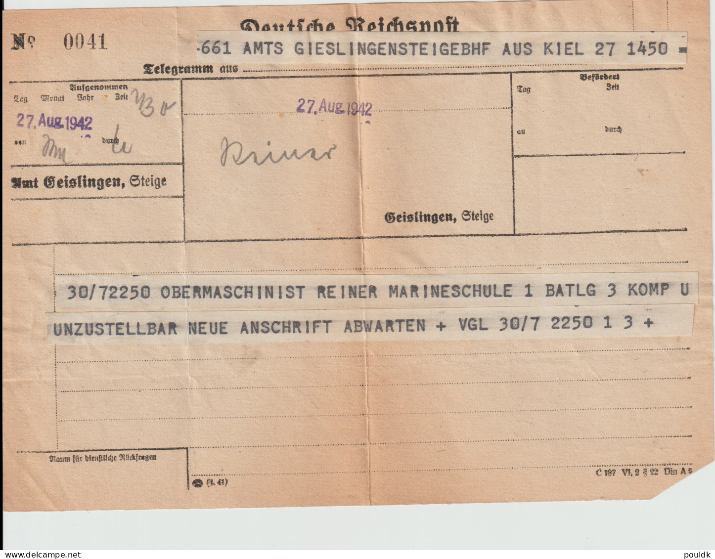 German Telegram WW2 To A Sailor At A Navy School - Marineschule Requesting Postal Information Dated 27.8.1942 - Militaria