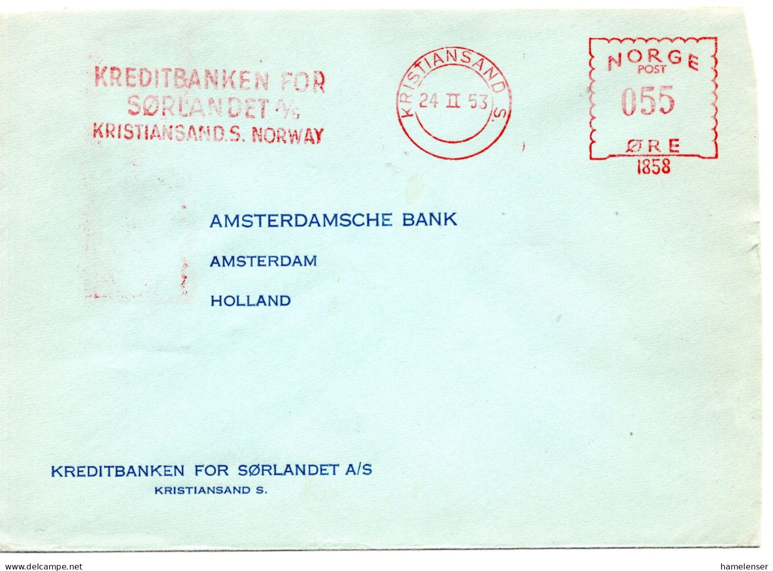 77147 - Norwegen - 1953 - 55o AbsFreistpl "Kreditbanken ..." A Bf (dreiseit Geoeffn) KRISTIANSAND -> Niederlande - Briefe U. Dokumente