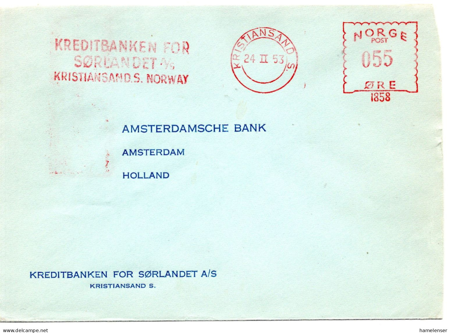 77147 - Norwegen - 1953 - 55o AbsFreistpl "Kreditbanken ..." A Bf (dreiseit Geoeffn) KRISTIANSAND -> Niederlande - Lettres & Documents