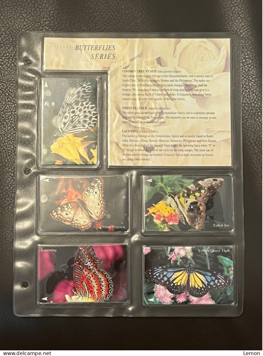 Mint Singapore Telecom Singtel GPT Phonecard In Original Holder, Butterflies,Set Of 5 Mint Cards(Including One $50 Card) - Singapur