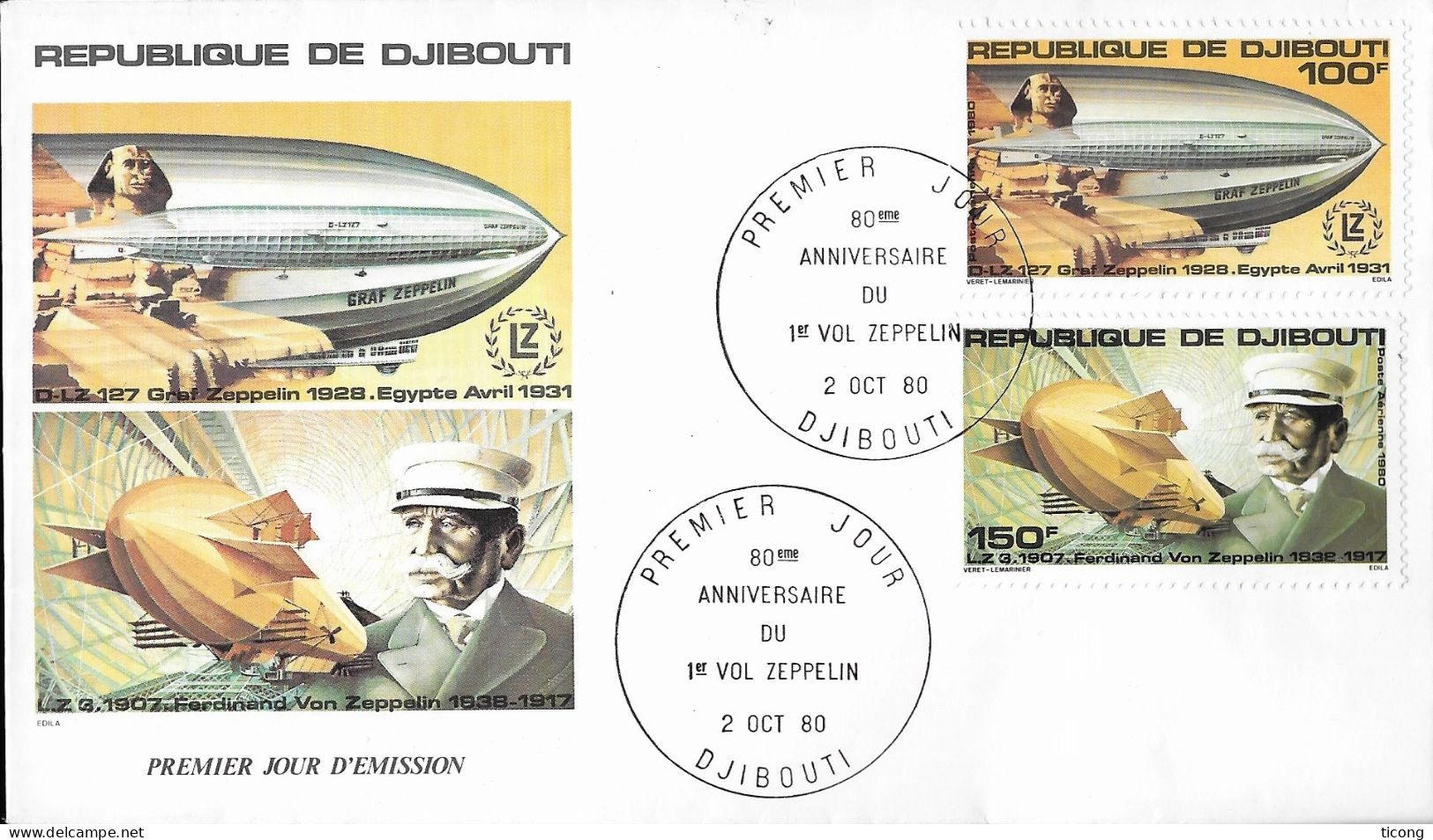 80IEME ANNIVERSAIRE DU 1ER VOL DU ZEPPELIN 1980 - 1ER JOUR DE DJIBOUTI, VOIR LE SCANNER - Zeppeline