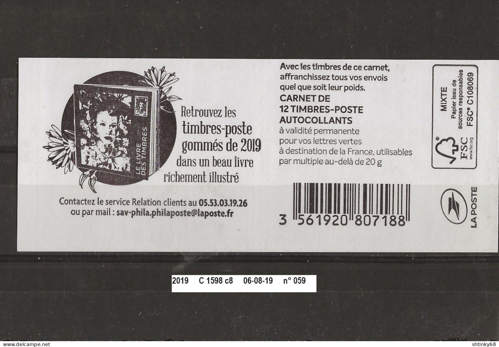 Variété Carnet Adhésifs De 2019 Neuf** Y&T N° C 1598 C8 N° 059 Daté 06/08/19 - Booklets