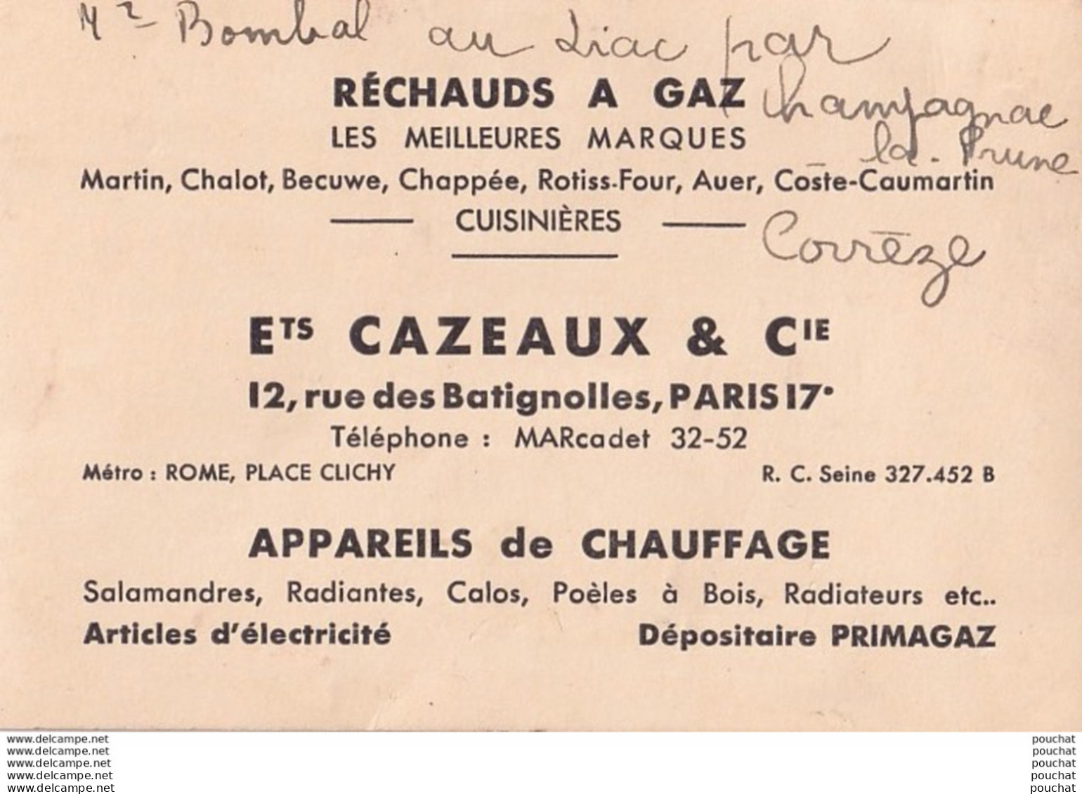 L2-75) PARIS (17°) ETS CAZEAUX & CIE - RÉCHAUDS À GAZ - PRIMAGAZ - 12 , RUE DES BATIGNOLLES - Visiting Cards
