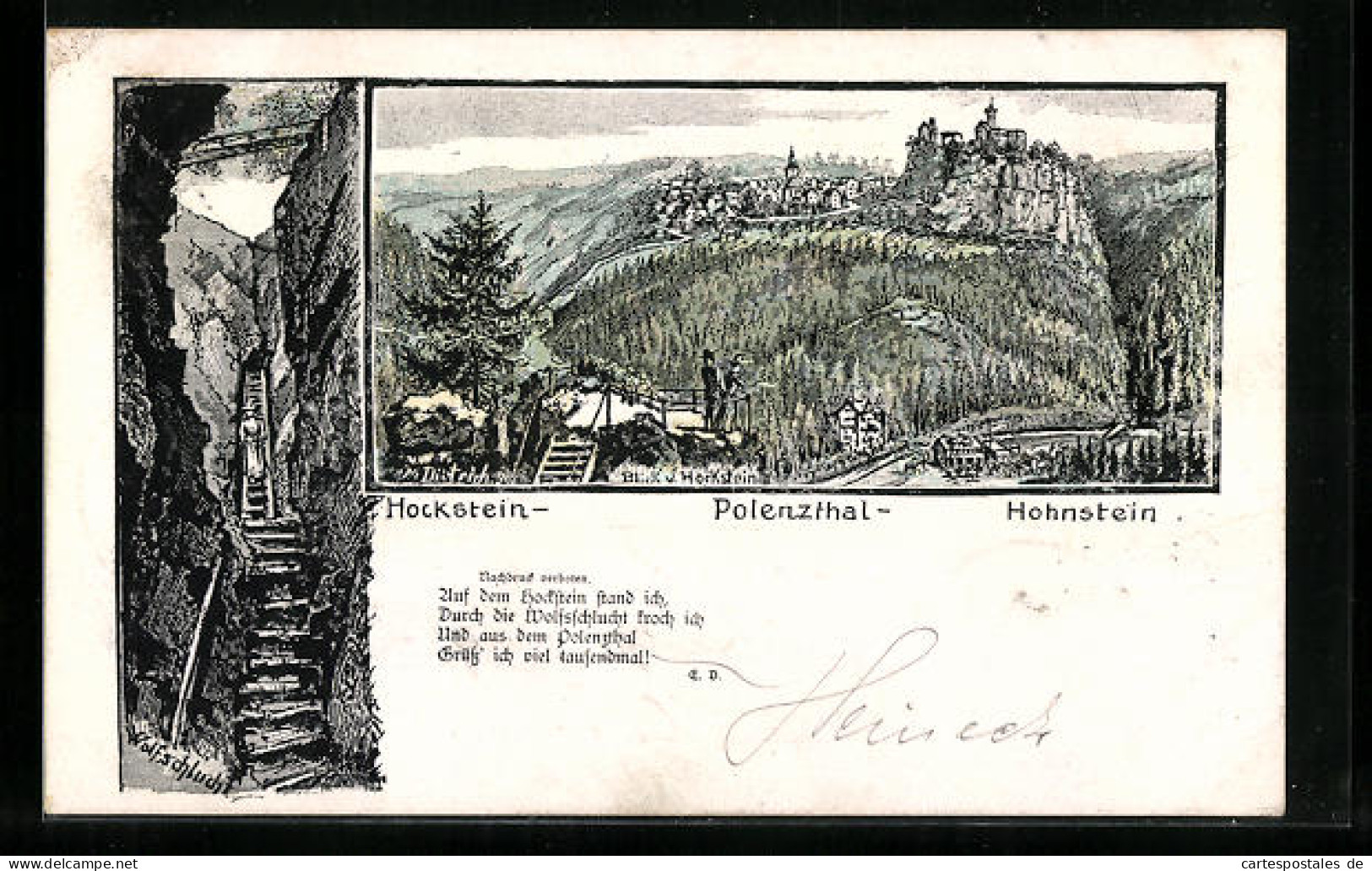 Lithographie Hohnstein, Ortsansicht Mit Burg Und Hohnstein, Wolfsschlucht  - Hohnstein (Saechs. Schweiz)