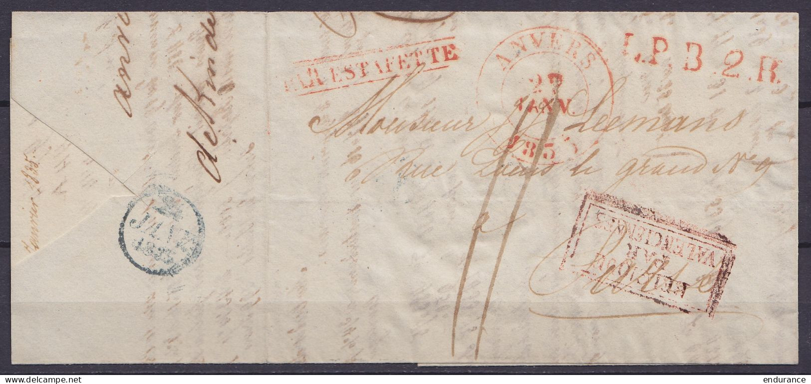 L. Càd ANVERS /22 JANV 1835 Pour PARIS - Griffes "L.P.B.2.R." & [PAR ESTAFETTE] [BELGIQUE PAR VALENCIENNES] - Port "11" - 1830-1849 (Unabhängiges Belgien)