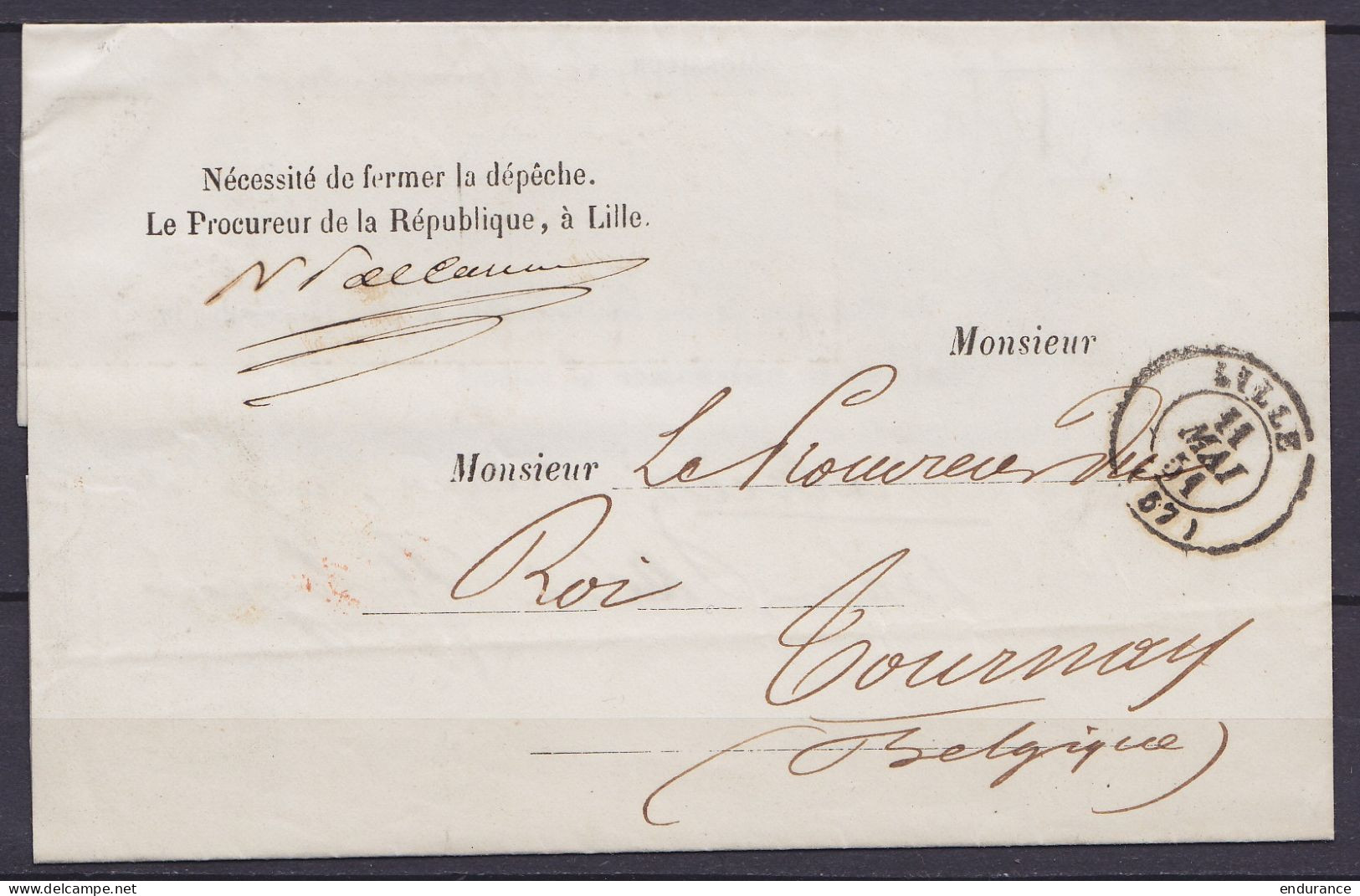 L. Du Tribunal De Première Instance De LILLE Datée 9 Mai 1851 Pour Procureur Du Roi à TOURNAI Càd LILLE/ 11 MAI 51 (au D - 1851-1857 Medallions (6/8)