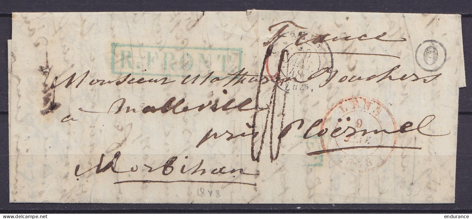 L. Càd LENS /9 JANV 1848 Pour MALLEVILLE Près Ploërmel (Morbihan) - Boîte "O" - Griffe [R.FRONT.] (= Rayon Frontière) -  - 1830-1849 (Belgique Indépendante)