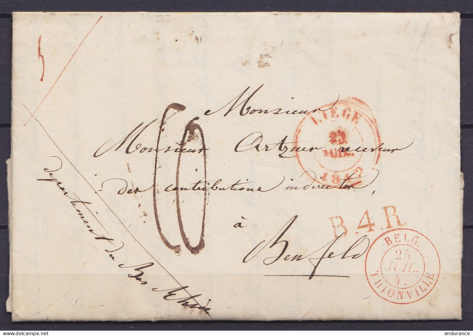 L. Datée 22 Juillet 1842 De LÜTTICH Càd LIEGE /23 JUIL 1842 Pour BENFELD - Griffe "B.4.R" - Passage "BELG. / THIONVILLE" - 1830-1849 (Belgique Indépendante)