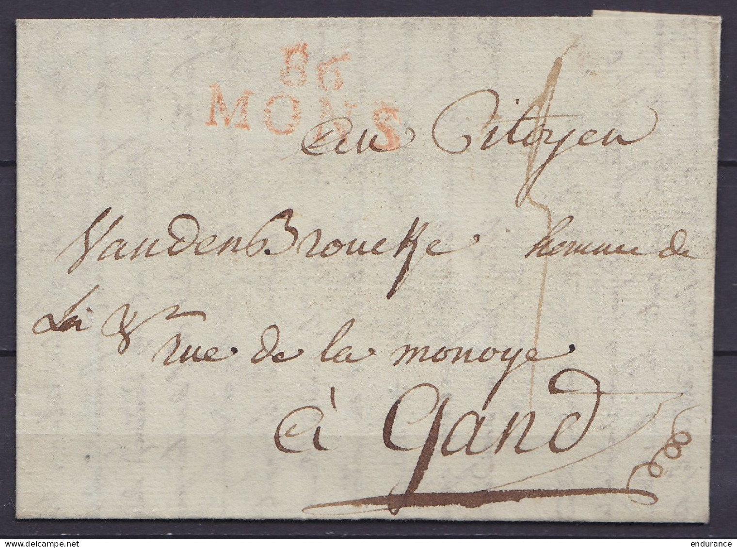 L. Datée 15 Brumaire An 7 (1799) De MONS Pour GAND - Griffe "86 / MONS" - Port "3" - 1794-1814 (Franse Tijd)