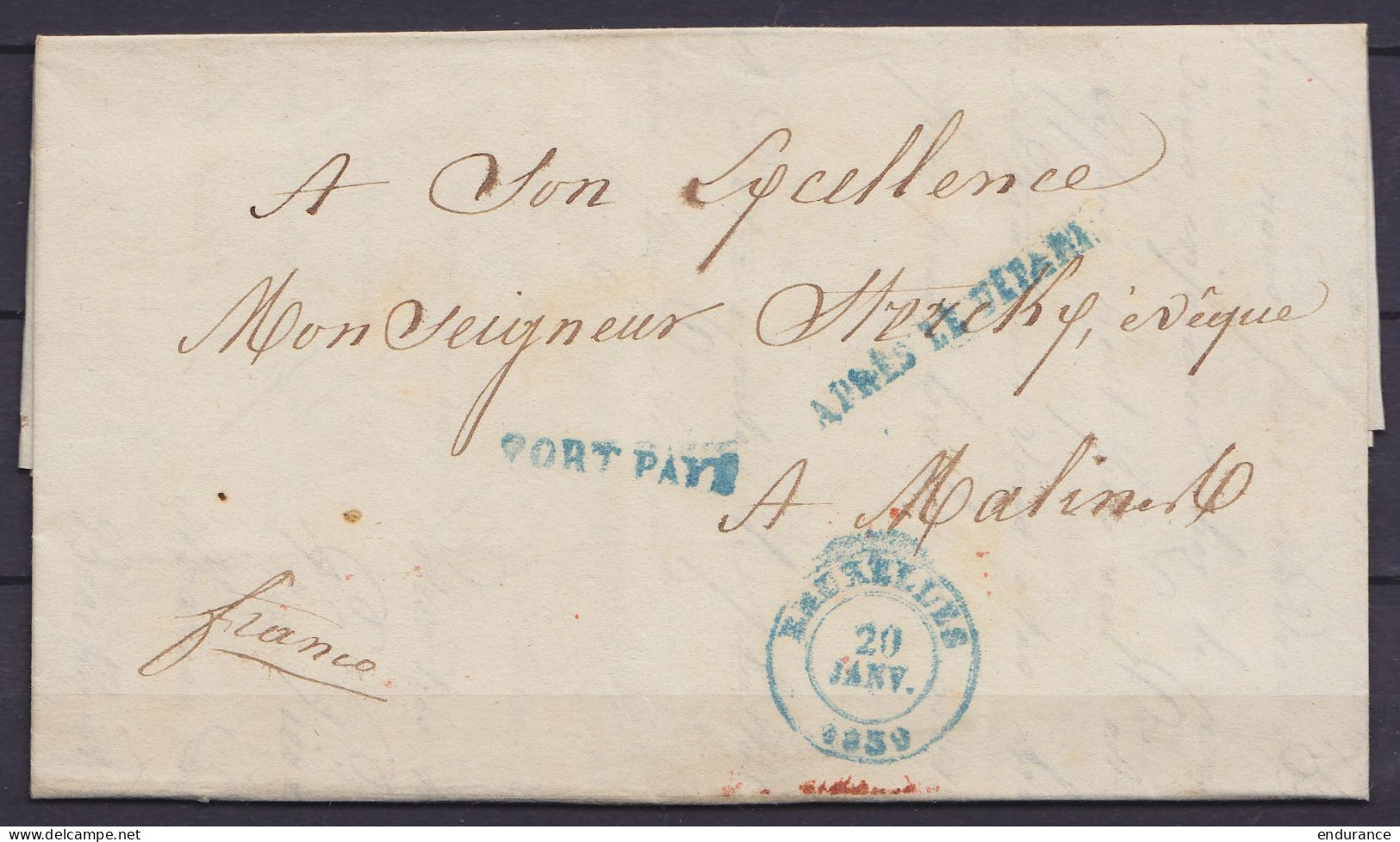 L. Datée 20 Janvier 1839 De BRUSSEL Càd Bleu " BRUXELLES /20 JANV 1839" Pour Archevêque De MALINES "franco" - Griffes Bl - 1830-1849 (Belgique Indépendante)