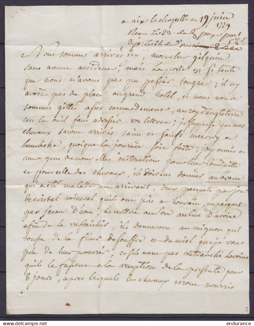 L. Datée 19 Juin 1779 De AIX-LA-CHAPELLE Pour BRUXELLES Par Barque - Marque En Creux "AIX-LA-CHAPELLE" - 1714-1794 (Paises Bajos Austriacos)