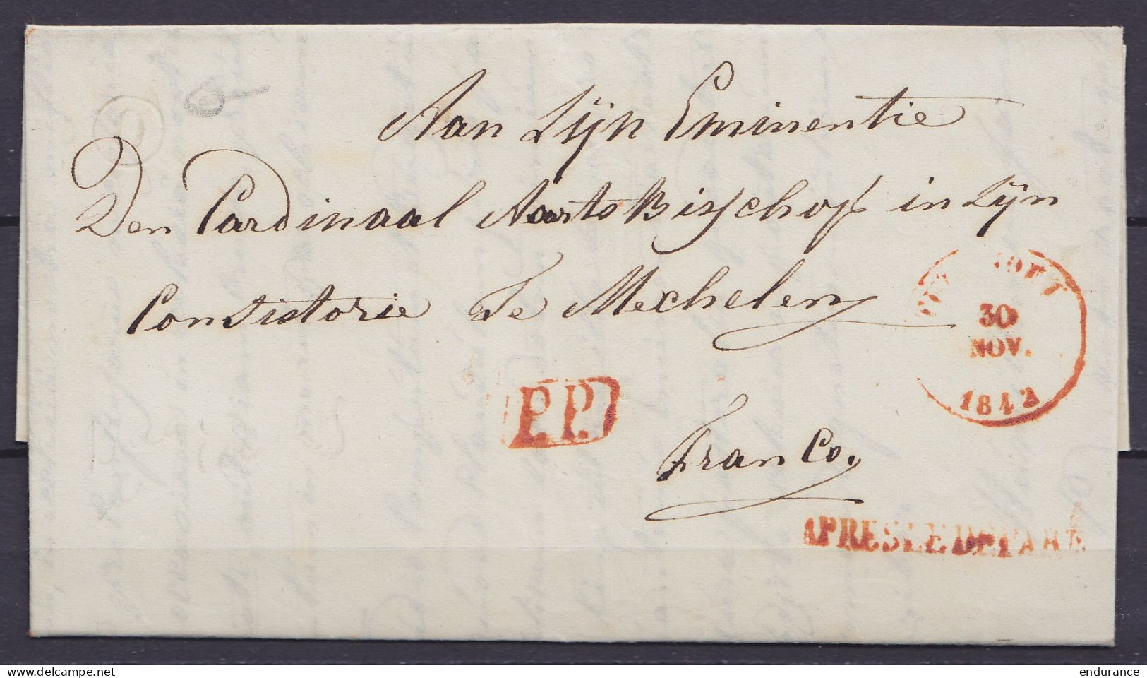 L. Datée 29 Novembre 1842 De BAERLE HERTOG (Baerle-Duc) Càd TURNHOUT /30 NOV 1842 Pour MECHELEN - Boîte "O" -  Griffes [ - 1830-1849 (Independent Belgium)