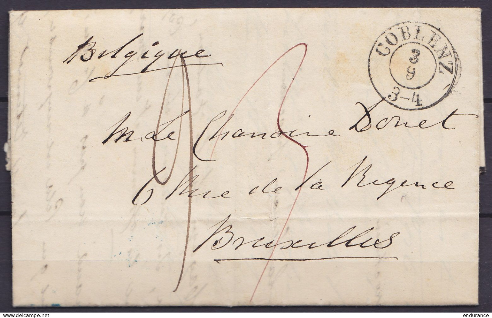 L. Datée 3 Septembre 1846 De COBLENCE Càd COBLENZ /3/9 Pour BRUXELLES - Port "3" & "9" (au Dos: Càd Bleu "BRUXELLES 5/4  - 1830-1849 (Belgica Independiente)
