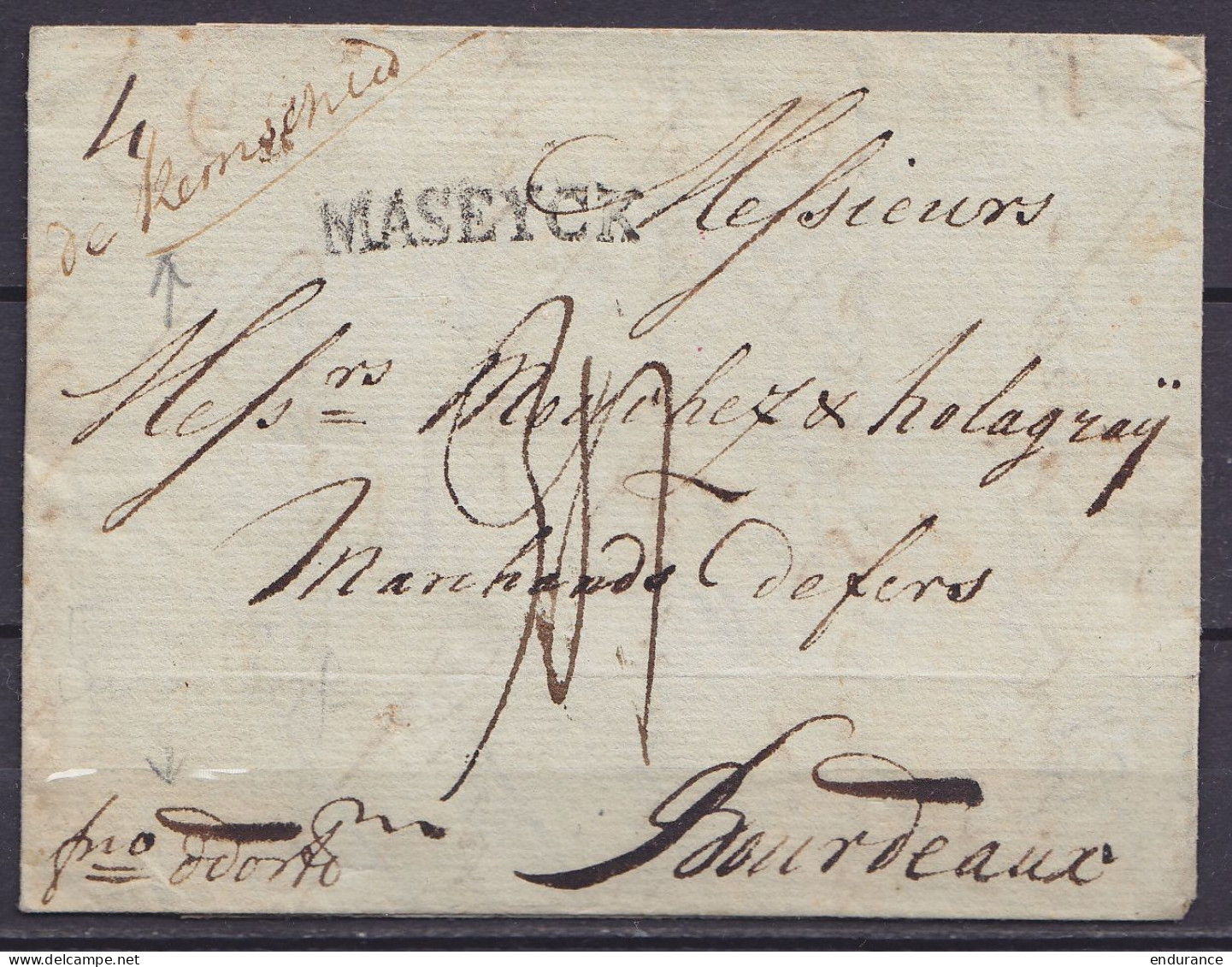 L. Datée 19 Février 1788 De REMSCHEYDT (Remscheid) Pour BOURDEAUX (Bordeaux) "pro Düsseldorf" - Griffe "MASEYCK" & Man.  - 1714-1794 (Oostenrijkse Nederlanden)