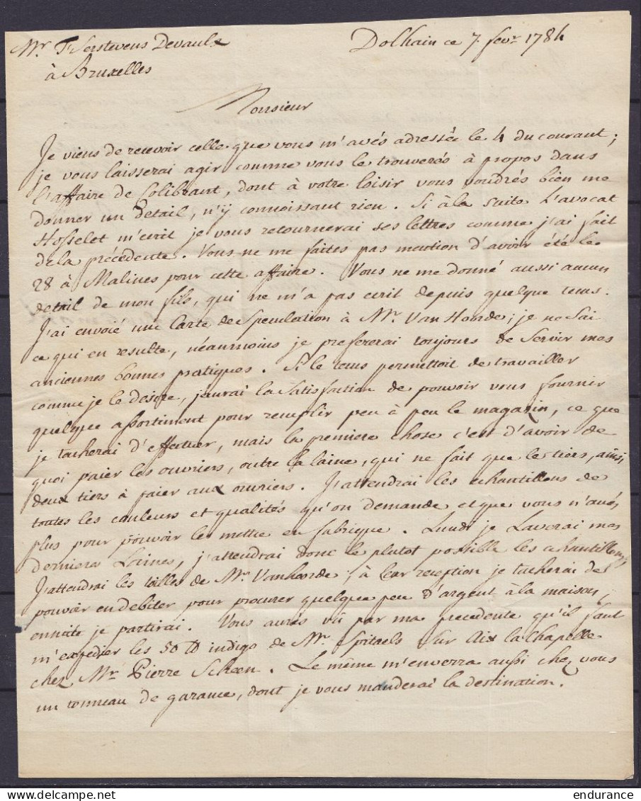 L. Datée 7 Février 1784 De DOLHAIN Pour BRUXELLES - Griffe "BATTISE" - Port "3" - 1714-1794 (Austrian Netherlands)