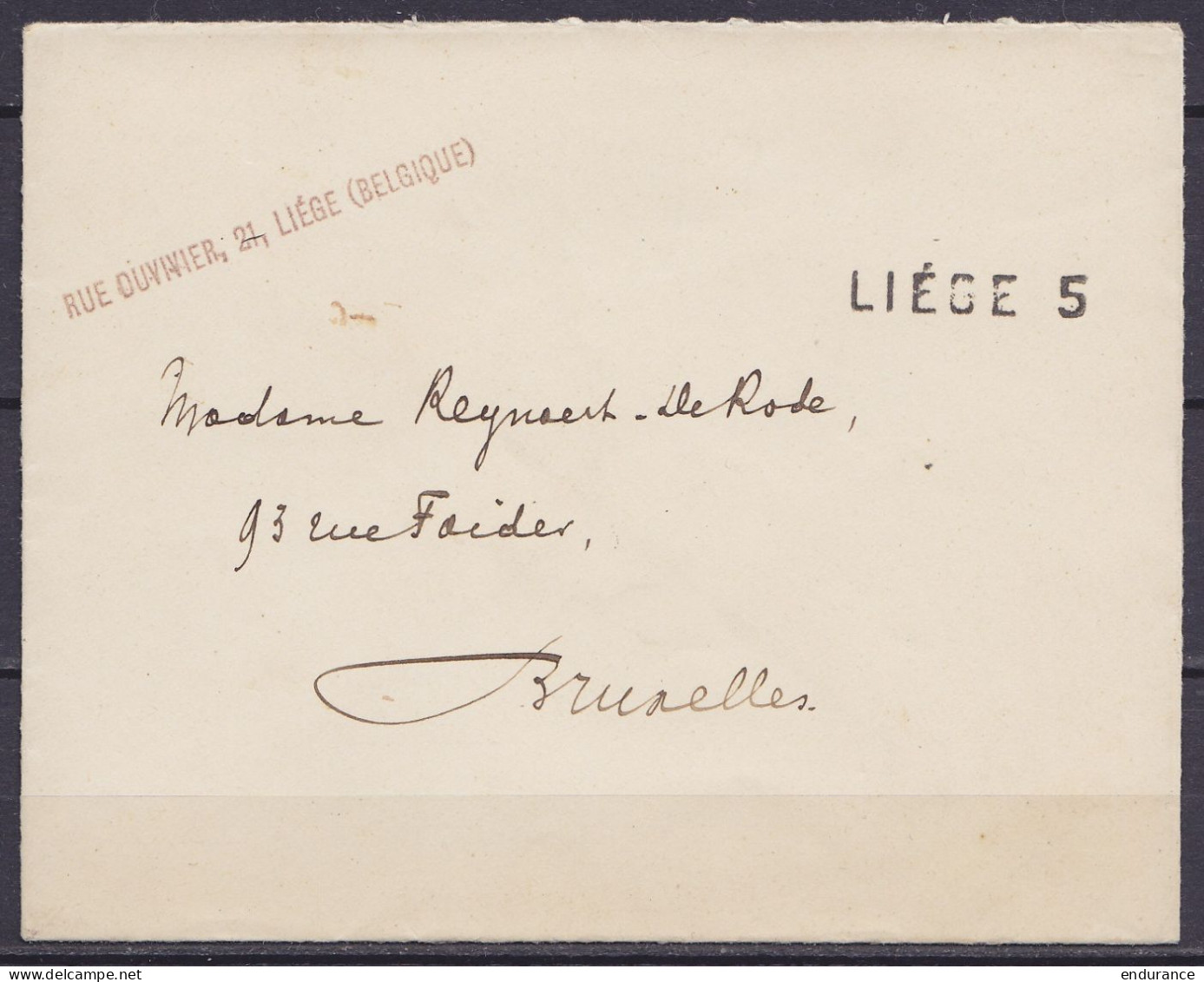 L. Affr. Au Dos (R!) N°138 Oblit. Fortune Griffe "LIEGE 5" Pour BRUXELLES (rappel Griffe "LIEGE 5" Au Recto) - Fortune (1919)