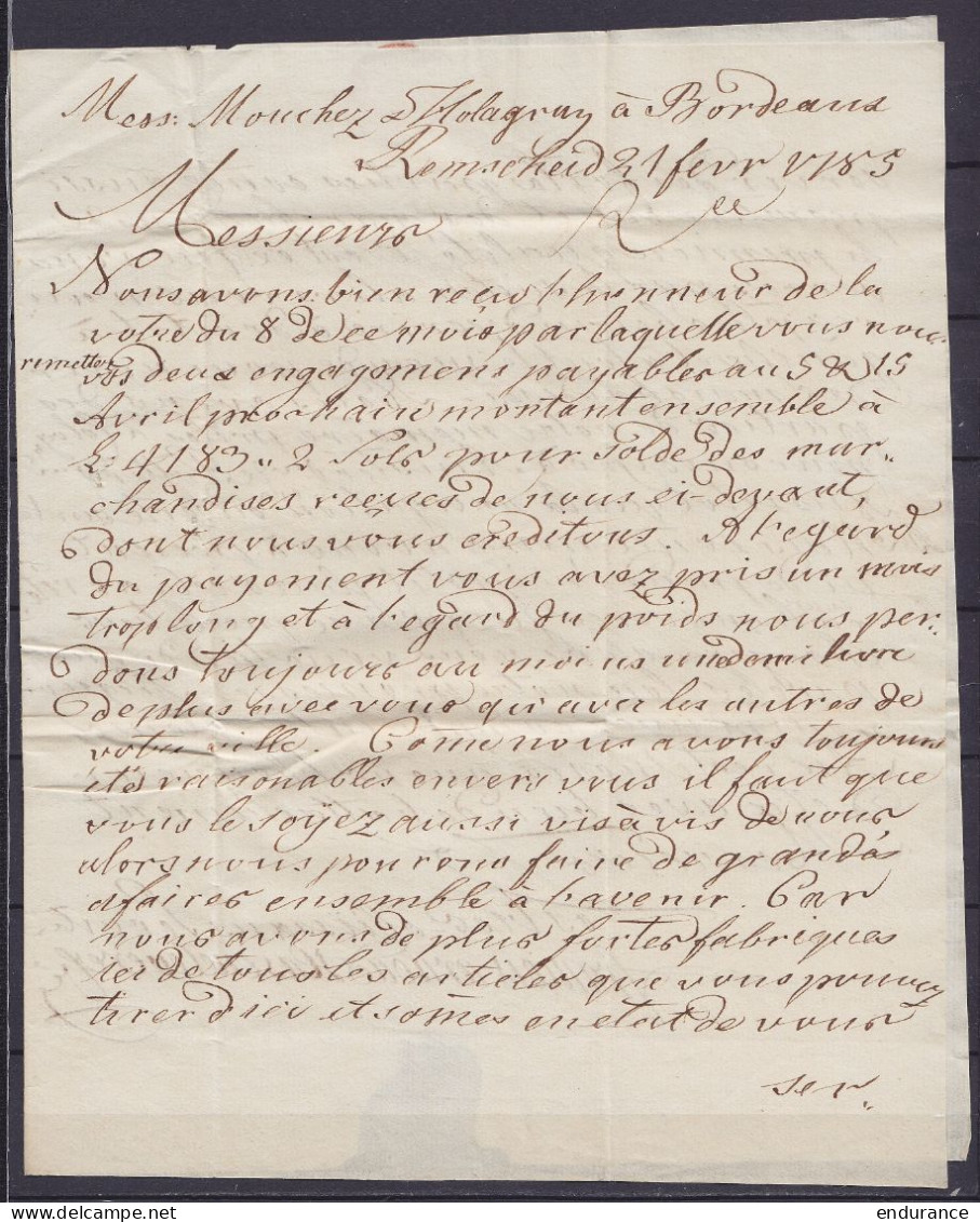 L. Datée 21 Février 1785 De REMSCHELD Pour BORDEAUX - Griffe Départ "REMSCHELD" & "MASEYCK" - 1714-1794 (Oesterreichische Niederlande)