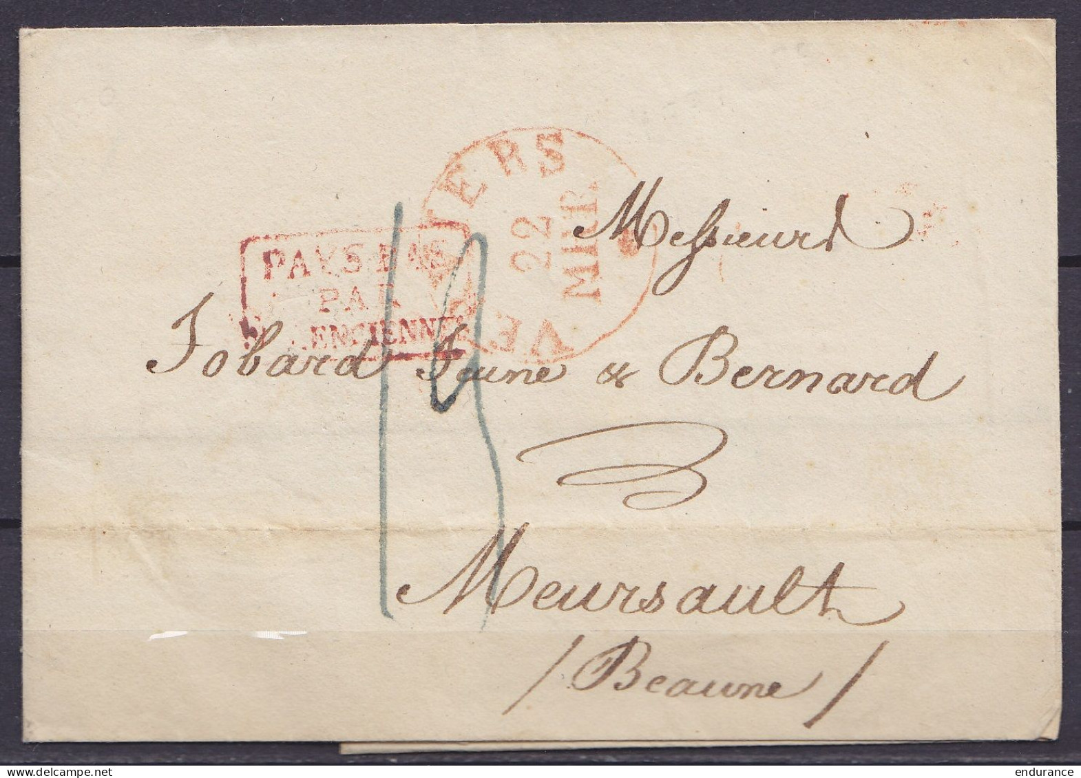 LSC (sans Texte) 1830 Càd VERVIERS /22 MAR.* Pour MEURSAULT (Beaune) - Griffe [PAYS-BAS PAR VALENCIENNES] - Port "13" (a - 1815-1830 (Période Hollandaise)