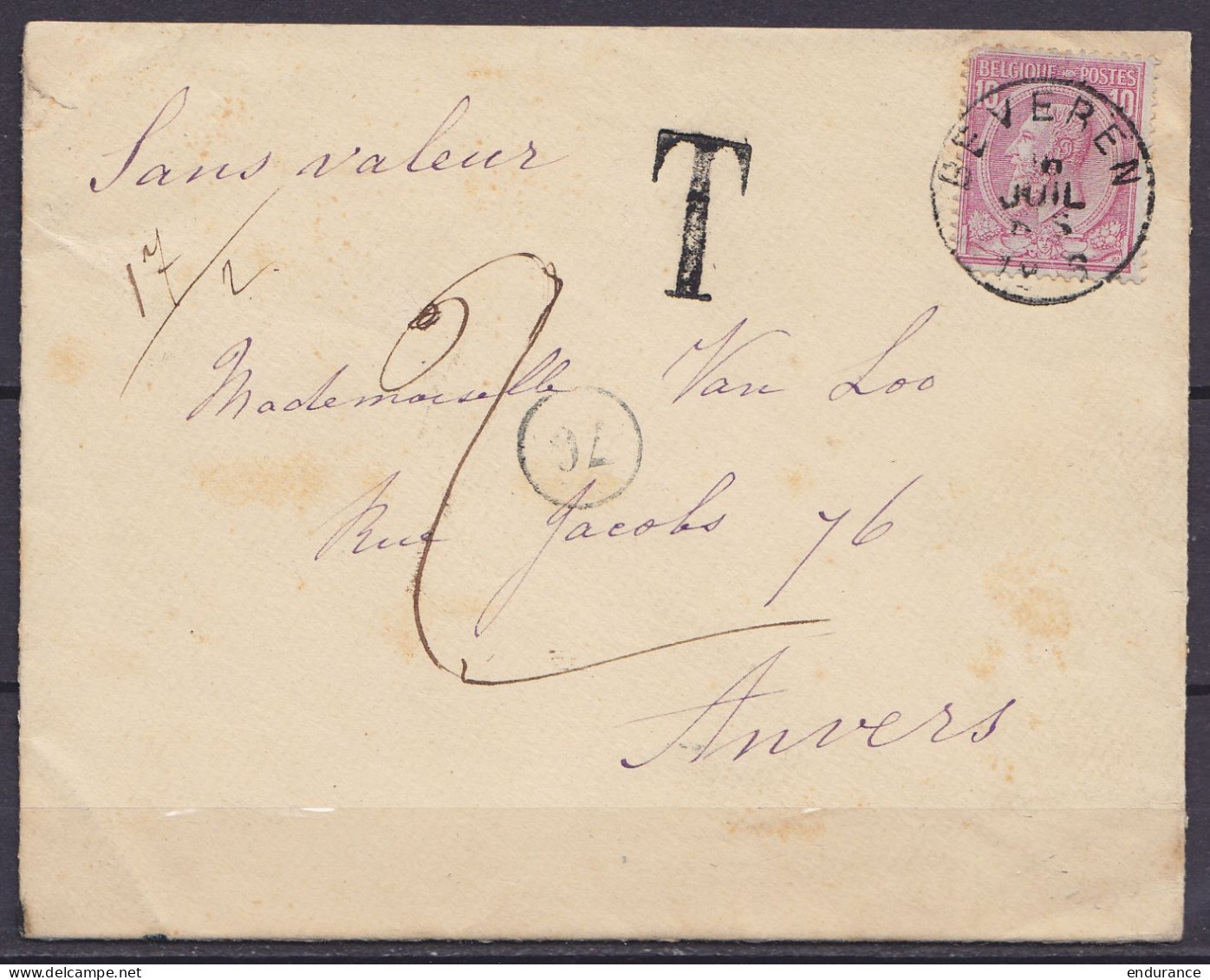 L. Affr. N°46 Càd BEVEREN /6 JUIL 1886 (?) Pour ANVERS - Taxé à 20c (17 Gr/2 Ports - Taxée Au Double Du Manque) - Man. " - 1884-1891 Leopold II