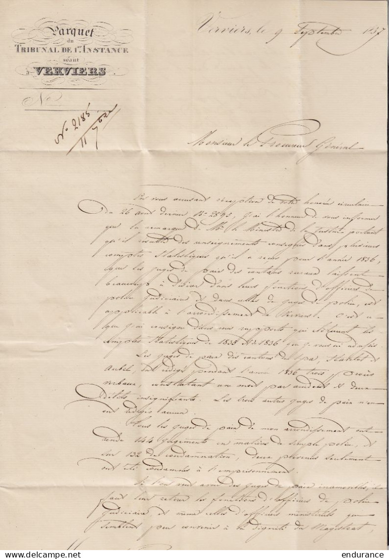 L. Du Tribunal De 1e Instance Càd VERVIERS /10 SEPT 1837 Pour Procureur Général à LIEGE (au Dos: Càd LIEGE) - 1830-1849 (Independent Belgium)