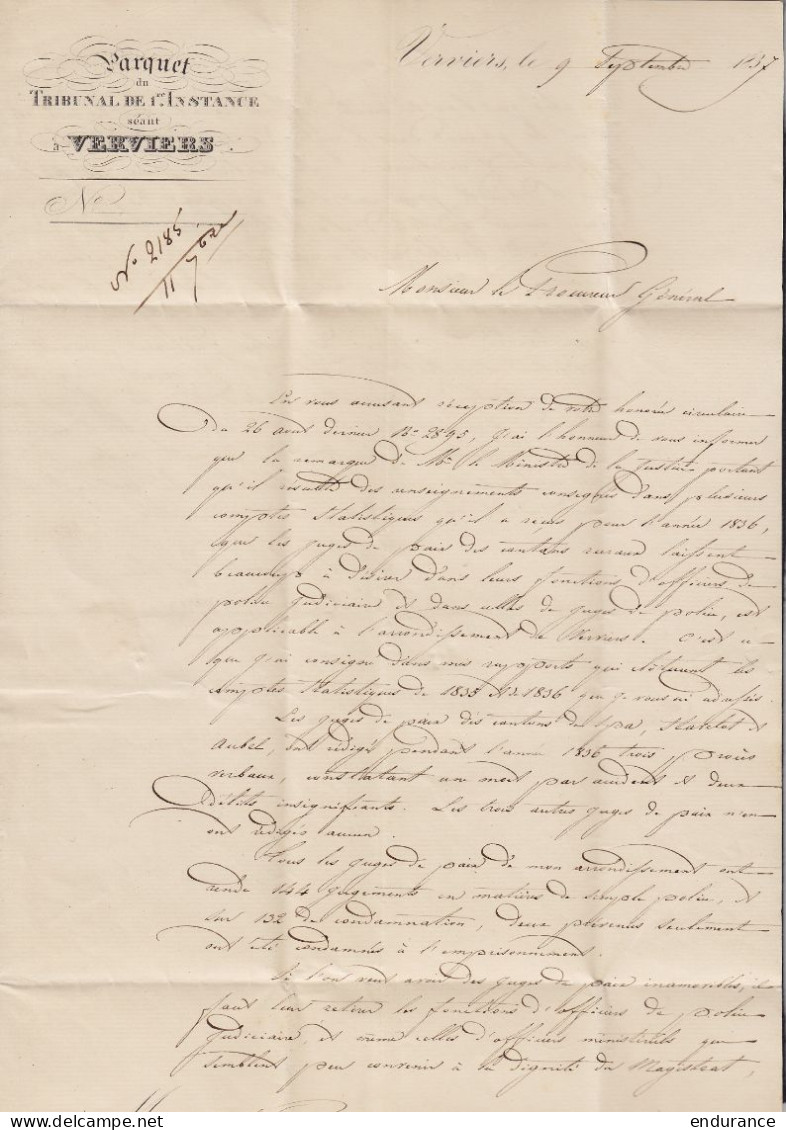 L. Du Tribunal De 1e Instance Càd VERVIERS /10 SEPT 1837 Pour Procureur Général à LIEGE (au Dos: Càd LIEGE) - 1830-1849 (Belgica Independiente)