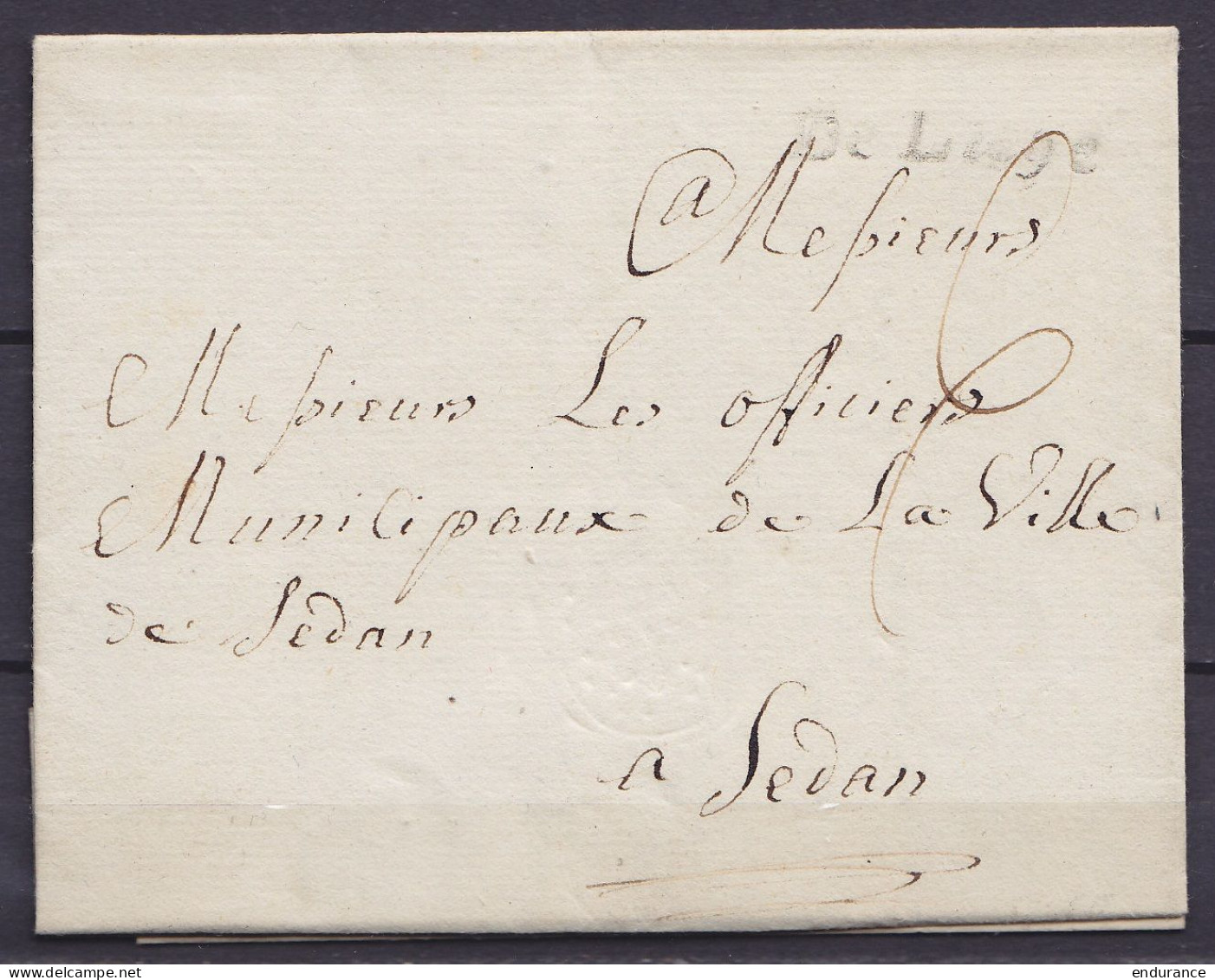 L. Datée 7 Juin 1777 De VERVIERS Pour SEDAN - Griffe "De Liege" - Port 6 Sols - 1714-1794 (Pays-Bas Autrichiens)