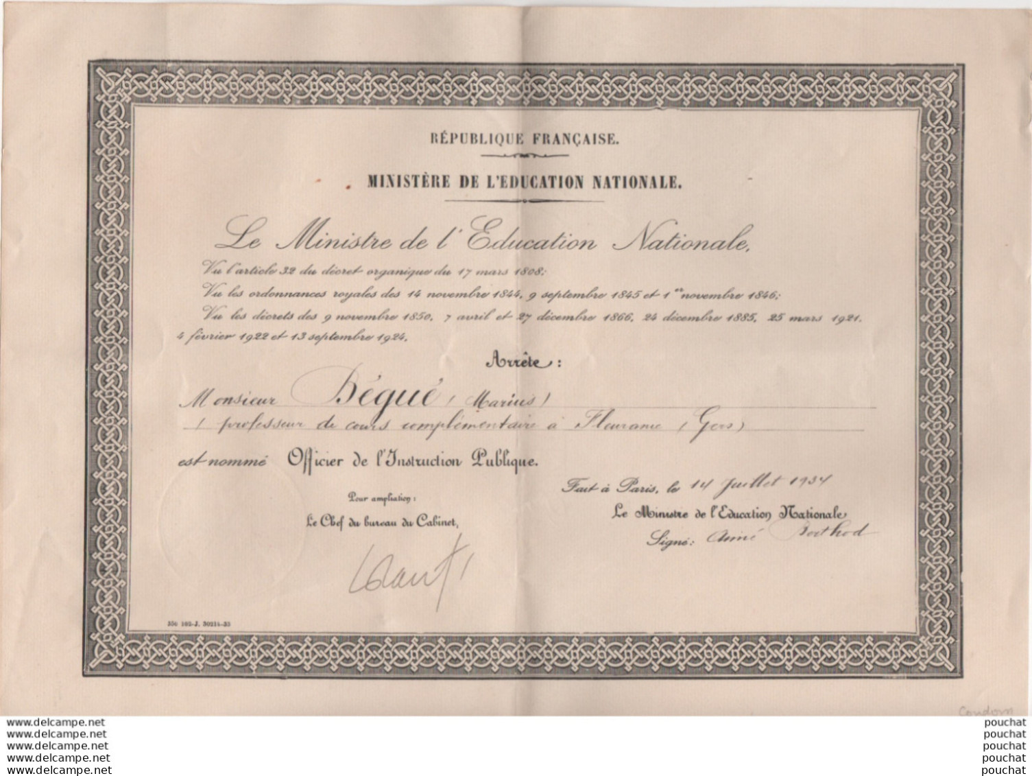 DIPLOME DU MINISTERE DE L  EDUCATION NATIONALE - NOMINATION OFFICIER D ' INSTRUCTION PUBLIQUE - 1934 - FLEURANCE  ,GERS - Diplômes & Bulletins Scolaires