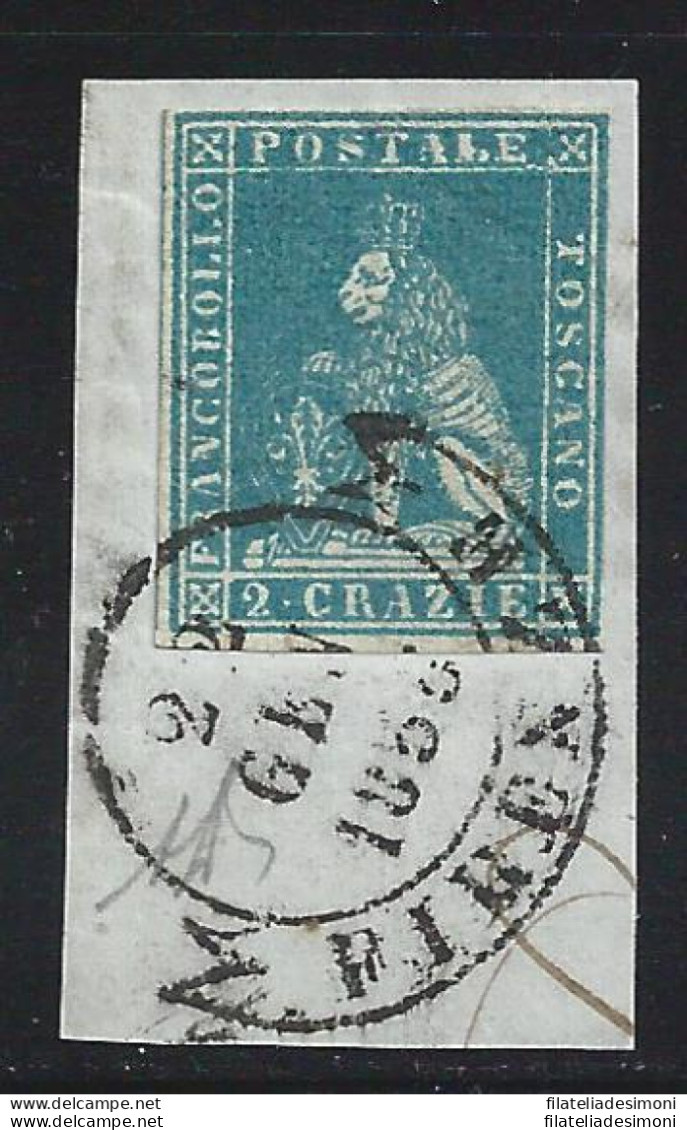 1851-52 TOSCANA, N° 5e 2 Cr. Azzurro Verdastro  Sigla AD - Toscana
