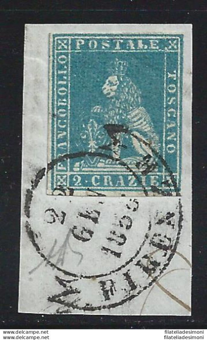 1851-52 TOSCANA, N° 5e 2 Cr. Azzurro Verdastro  Sigla AD - Toskana