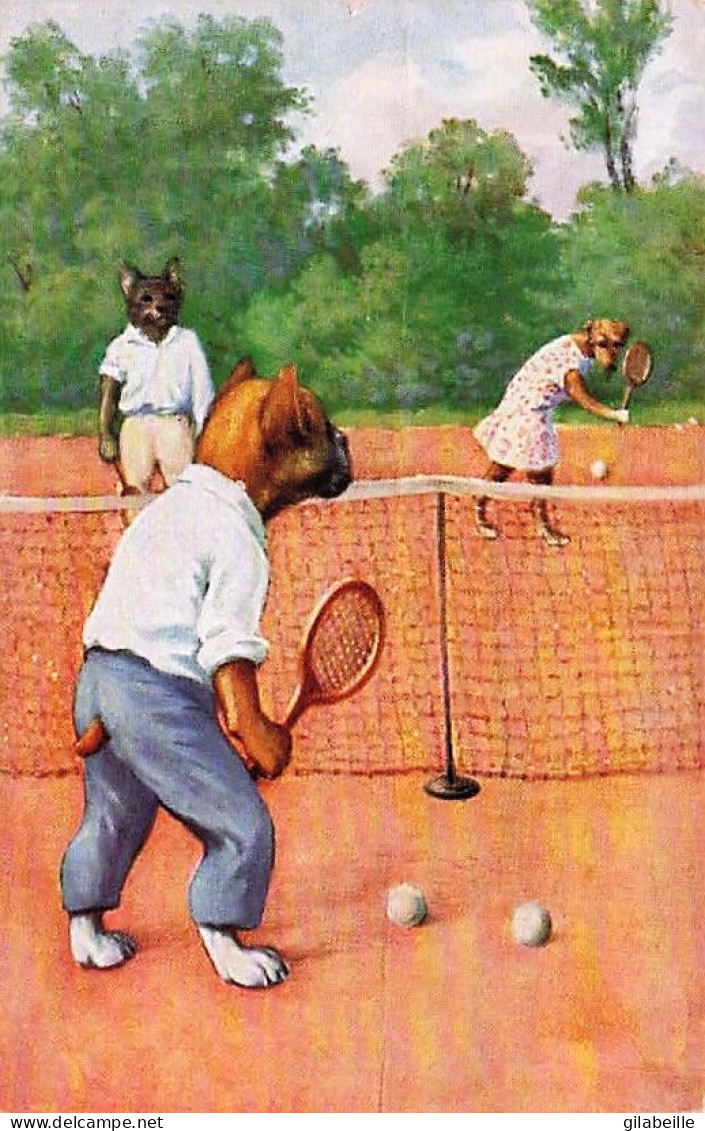 Sports - Tennis - Illustrateur -  Chiens Humanisés Jouant Au Tennis - Tennis