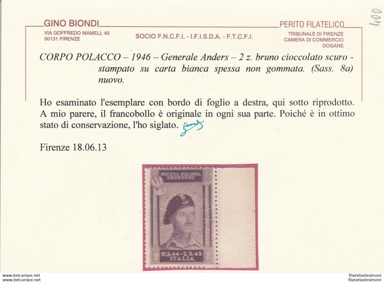 1946 CORPO POLACCO, N° 8a NUOVO SENZA GOMMA (*)  Certificato Biondi - 1946-47 Corpo Polacco Period