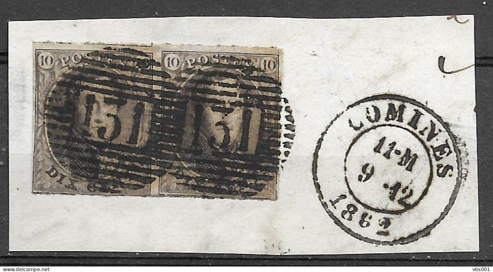 OBP10 In Paar Op Fragment, Met 4 Randen En Met Balkstempel P131 Comines + Vertrekstempel (zie Scans) - 1858-1862 Medaillen (9/12)