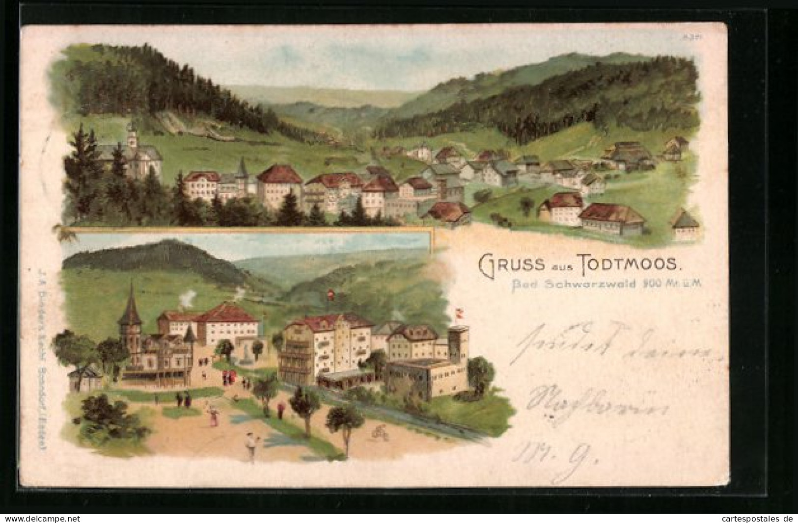 Lithographie Todtmoos /Bad. Schwarzwald, Gesamtansicht, Ortspartie  - Todtmoos