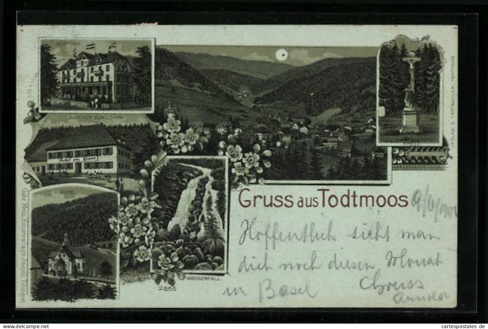 Mondschein-Lithographie Todtmoos, Gasthof Zum Löwen, Kurhaus, Wasserfall  - Todtmoos