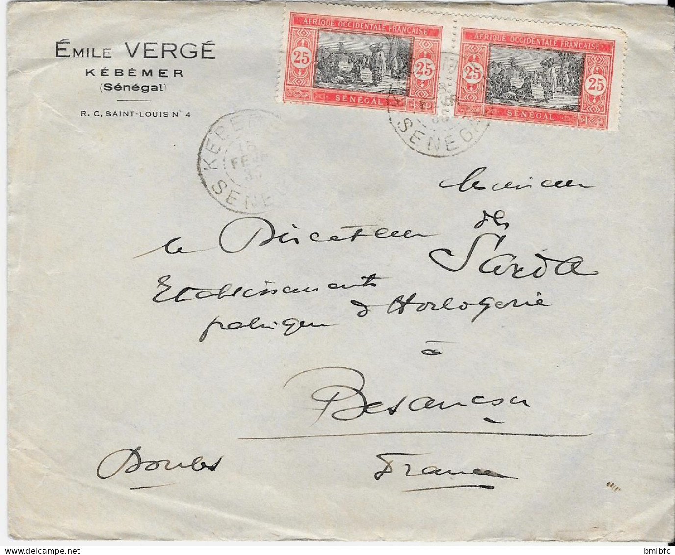 A.O.F.  - Sur Lettre De 1935          Emile VERGÉ   KÉBÉMER   (Sénégal) - Lettres & Documents