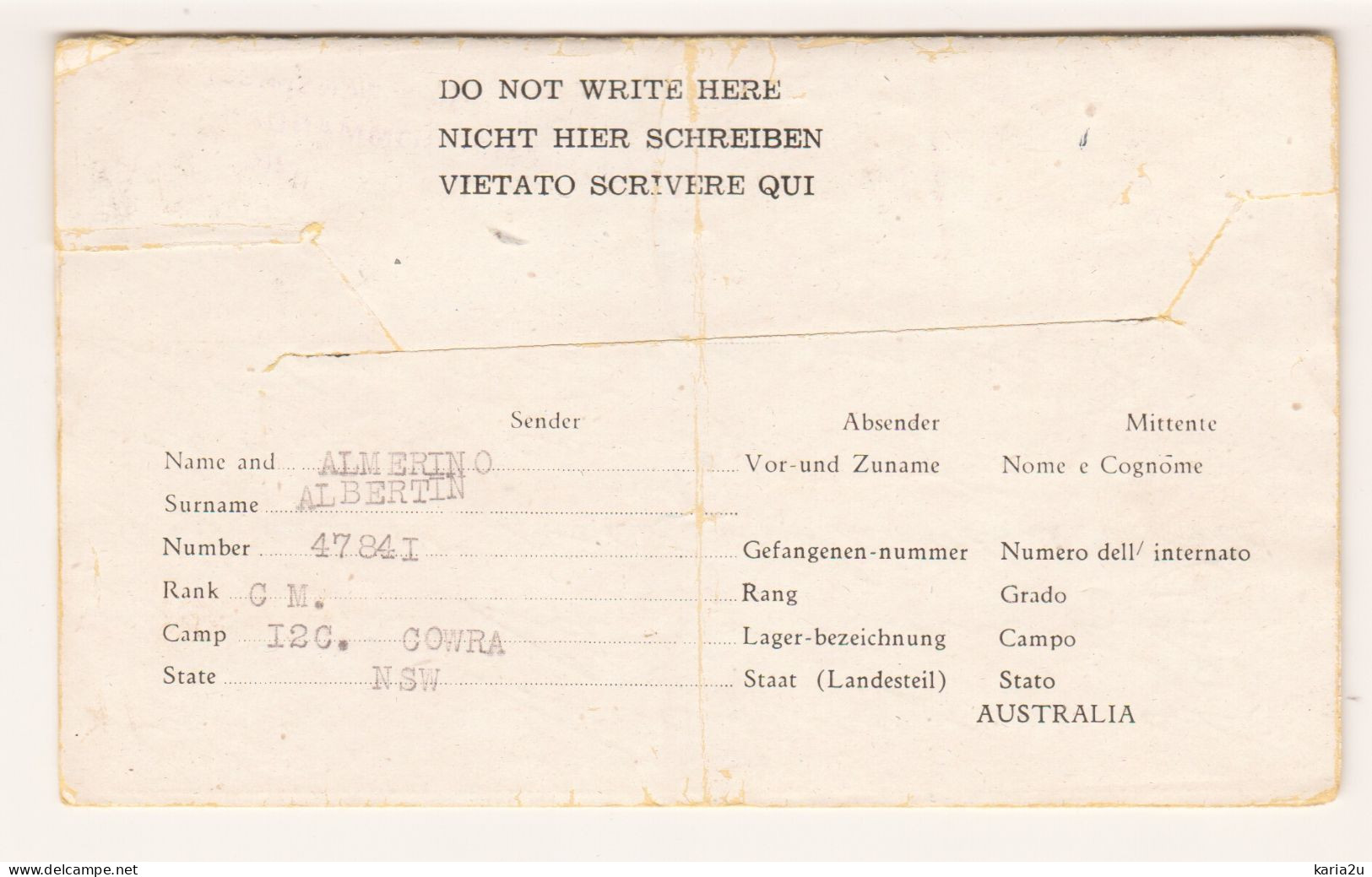 Australia, World War 11, Cowra, Prisoner Of War, Letter To Italy From POW Camp, 1945 - Documents
