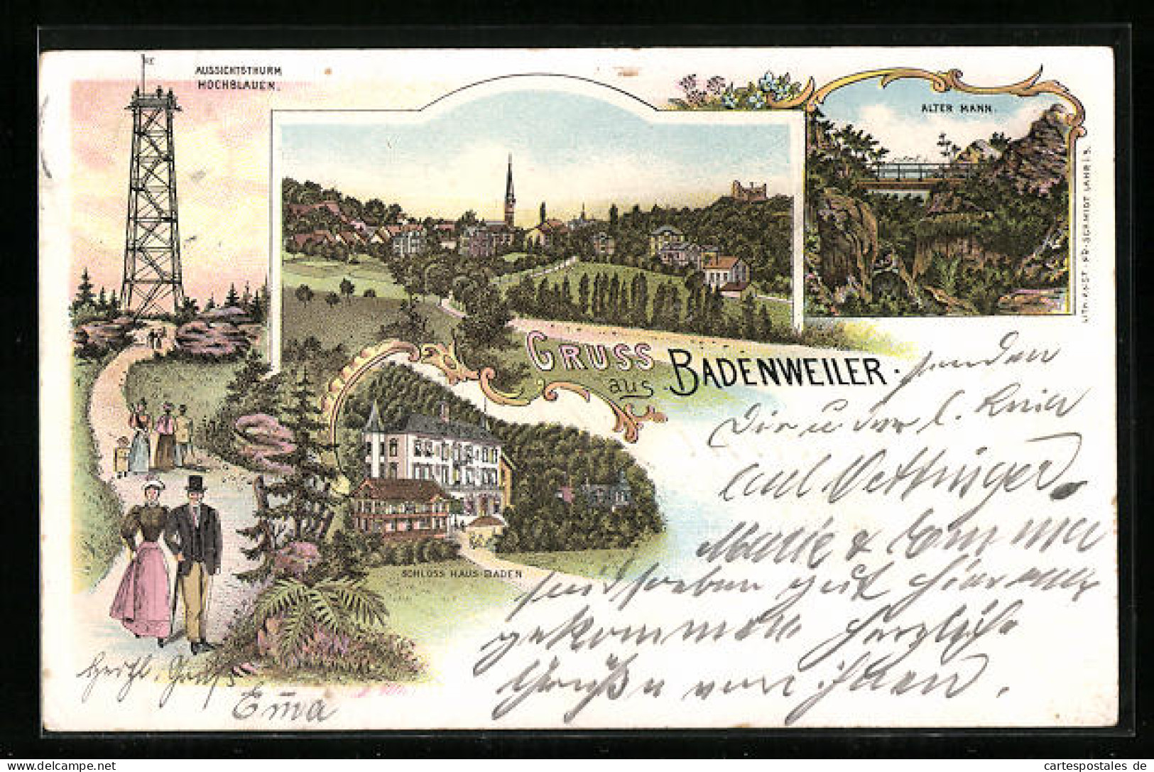 Lithographie Badenweiler, Aussichtsthurm Hochblauen, Alter Mann, Schloss Haus-Baden  - Badenweiler