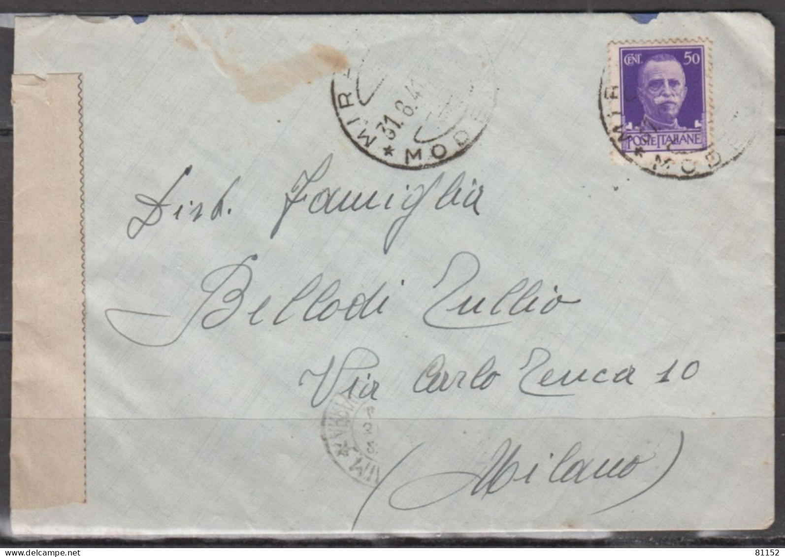 ITALIE    Lettre De MODENA   Le 31 VIII 1941  Avec Victor Emmanuel III  50c Violet  Pour MILANO Et " Censure MILITAIRE " - Correo Militar (PM)