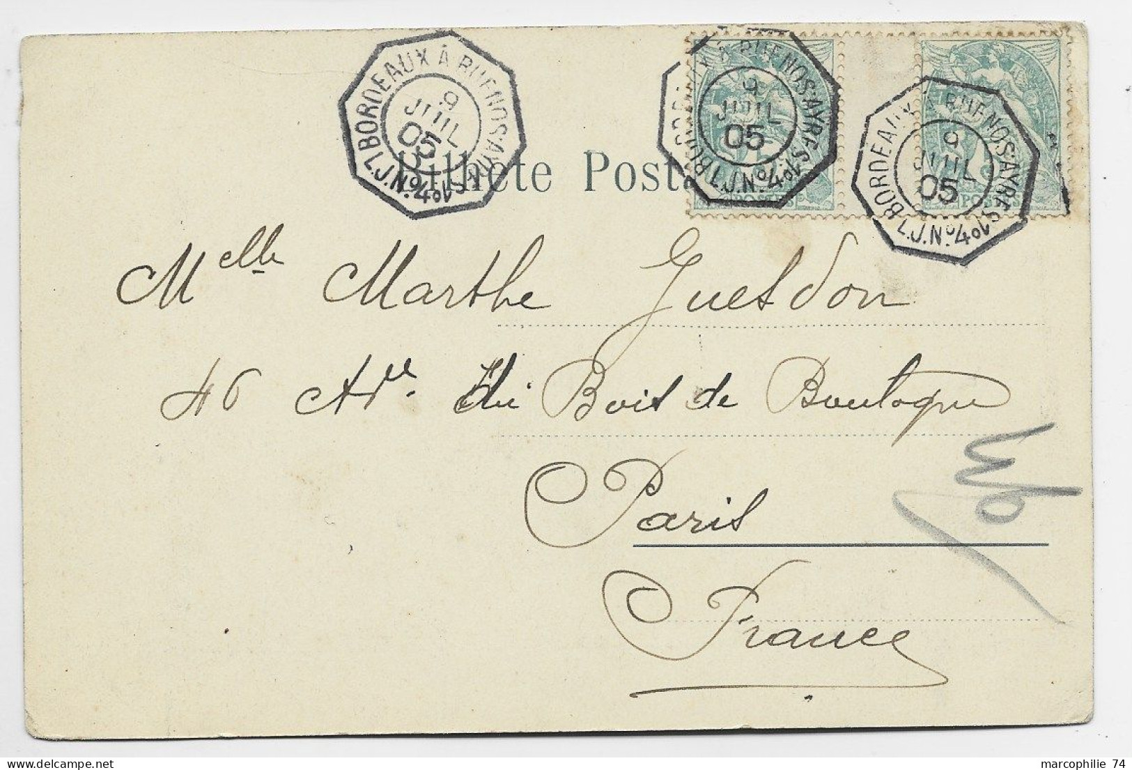 FRANCE BLANC 5C PAIRE INTERPANNEAU CARTE RIO BRESIL MARITIME BORDEAUX A BUENOS AYRES 9 JUIL 05 L.J.N°4 - 1900-29 Blanc